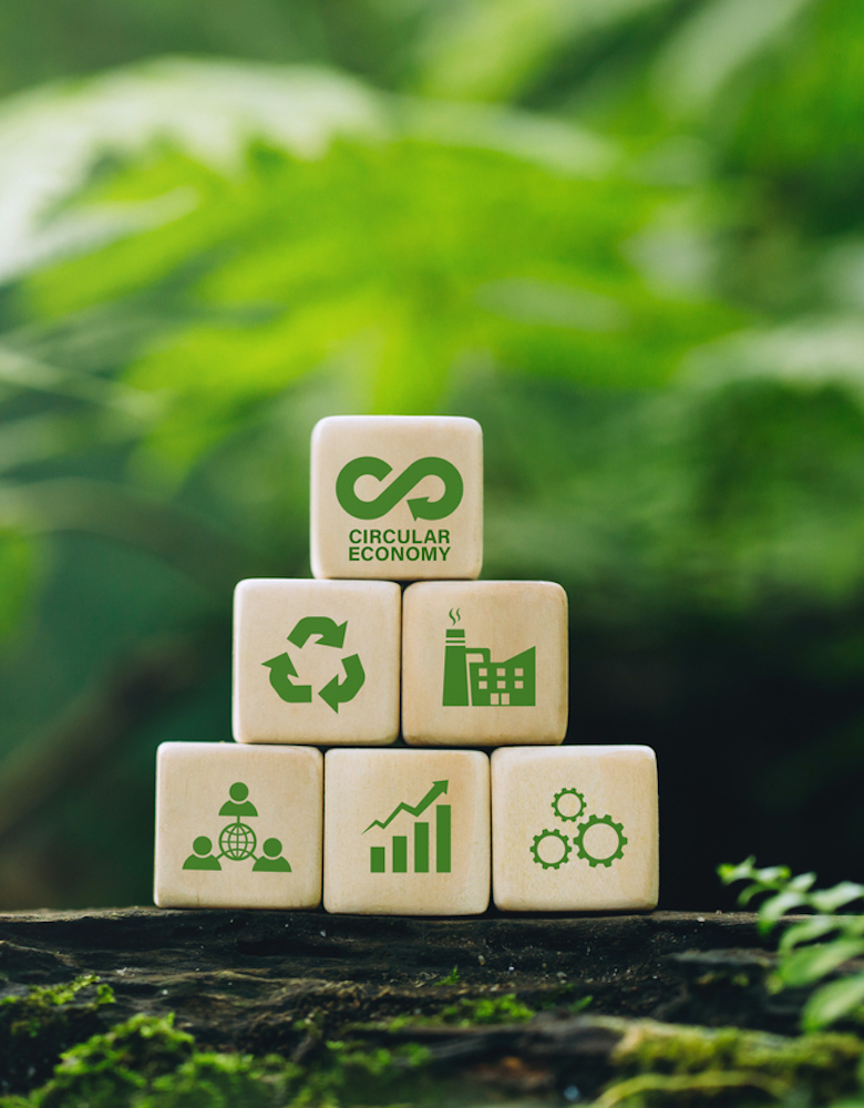 Circular economy concept.wooden cubes with a Circular economy icon on a green background. circular economy for future growth of business and design to reuse and renewable material resources.